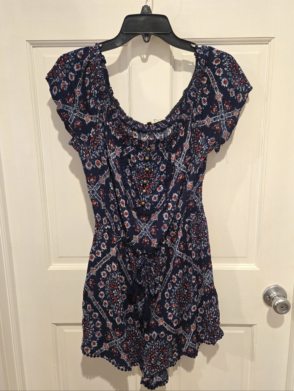 Rewind Navy Floral Short Sleeve Romper with Red and White Accents